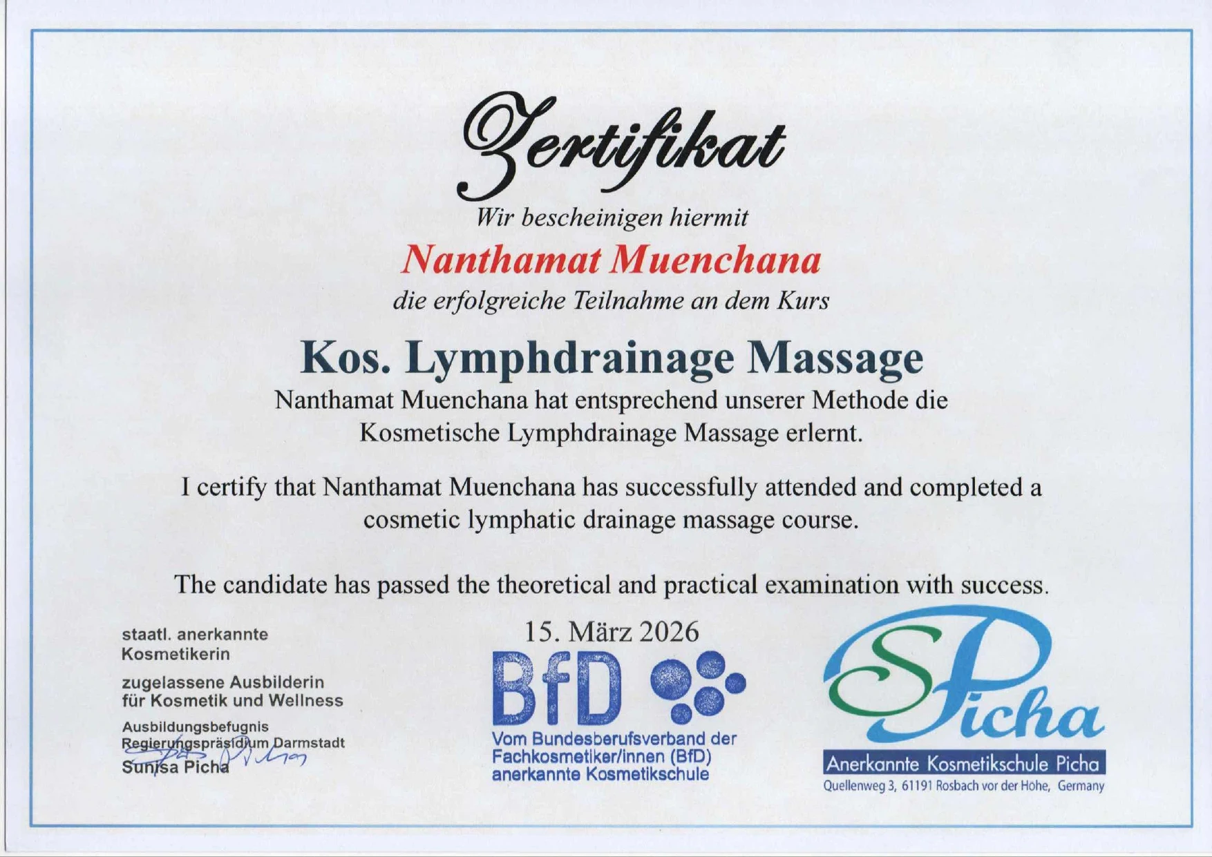 Zertifikat Kos. Lymphdrainage Massage – Kosmetikschule Picha
