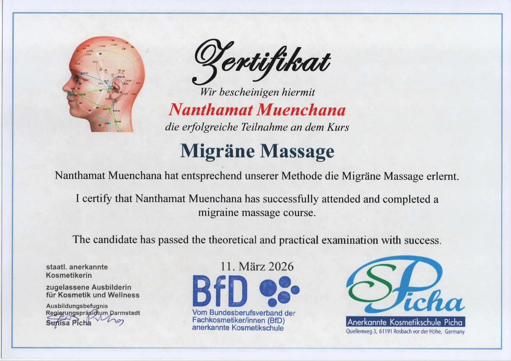 Zertifikat Migräne Massage – Kosmetikschule Picha