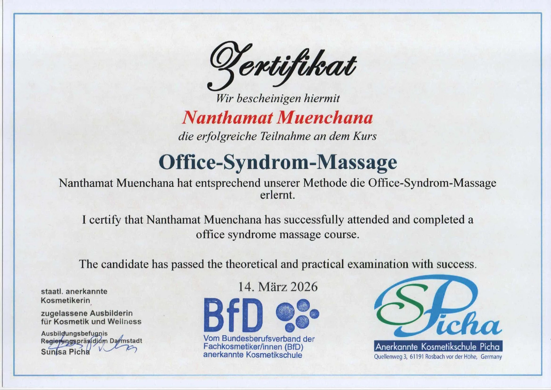 Zertifikat Office-Syndrom-Massage – Kosmetikschule Picha